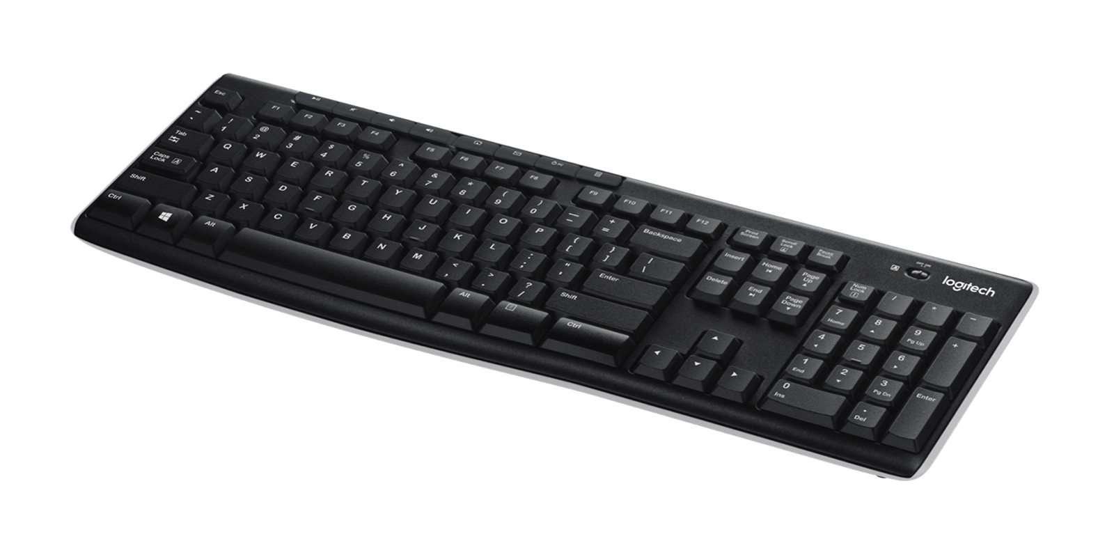 Tastiera wireless Logitech nera su sfondo bianco.