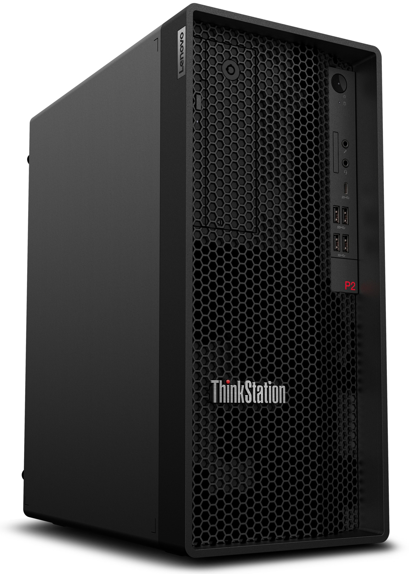 Ein schwarzer Lenovo ThinkStation P2 Tower-PC auf weißem Hintergrund mit wabenförmiger Front.