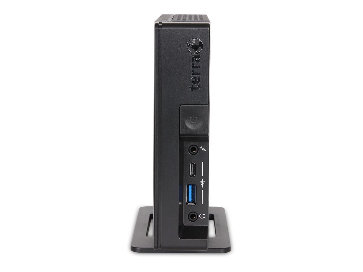 Ein schwarzer Mini-PC steht vertikal auf einem Ständer und zeigt seine Frontblende mit Anschlüssen und Logo.