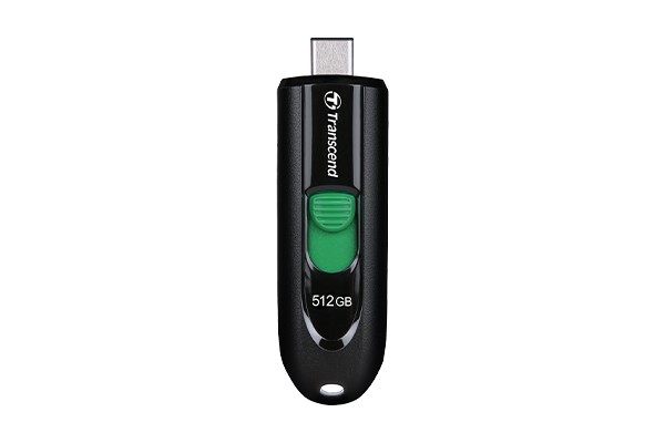 Chiavetta USB Transcend nera da 512 GB con cursore verde e connettore USB-C su sfondo bianco.