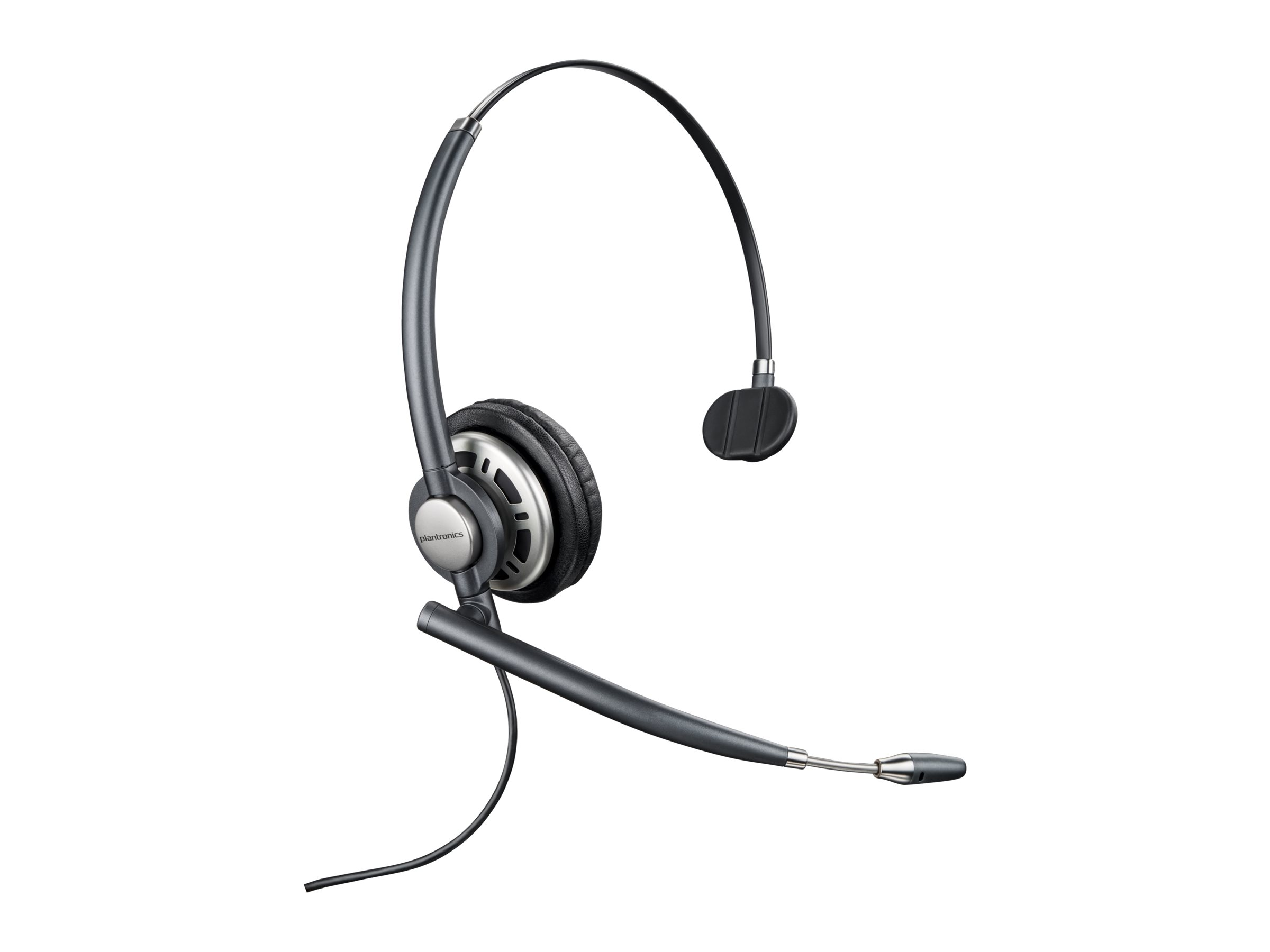 Un auricular monoaural Plantronics gris con una almohadilla, diadema ajustable y un brazo de micrófono.
