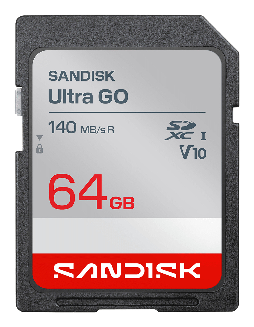 Carte mémoire SD SanDisk Ultra GO 64 Go avec étiquette gris clair et rouge.