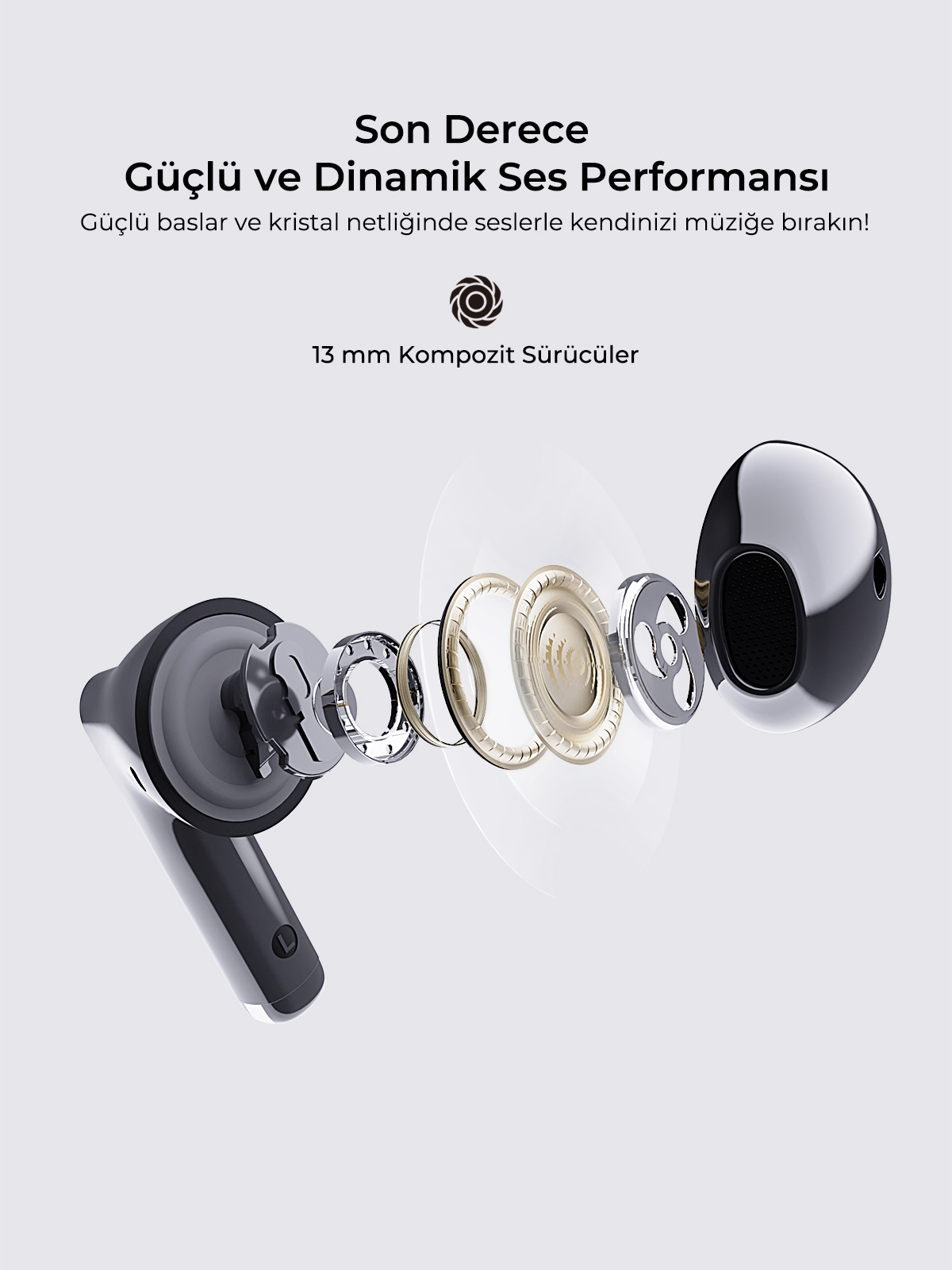 13 mm kompozit sürücülere sahip kablosuz kulaklığın parçalarına ayrılmış görünümü.