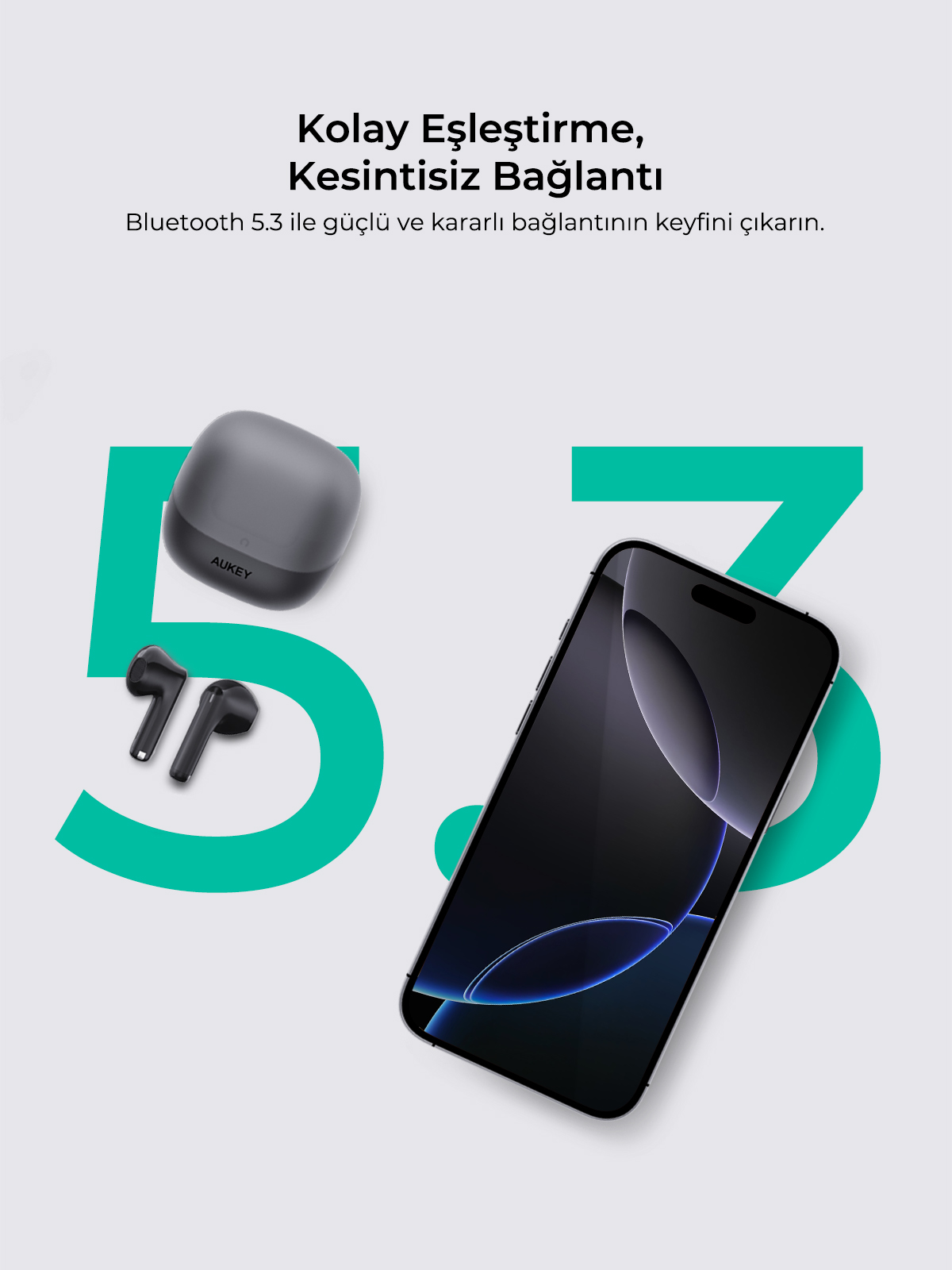 Akıllı telefon ve büyük yeşil metnin yanında şarj kutusunda gri kablosuz kulaklıklar.