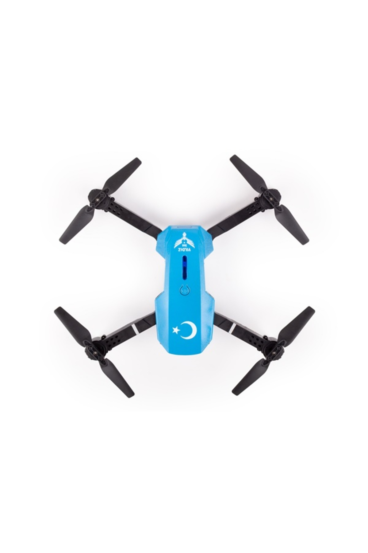 Beyaz arka planda siyah pervaneli mavi drone.