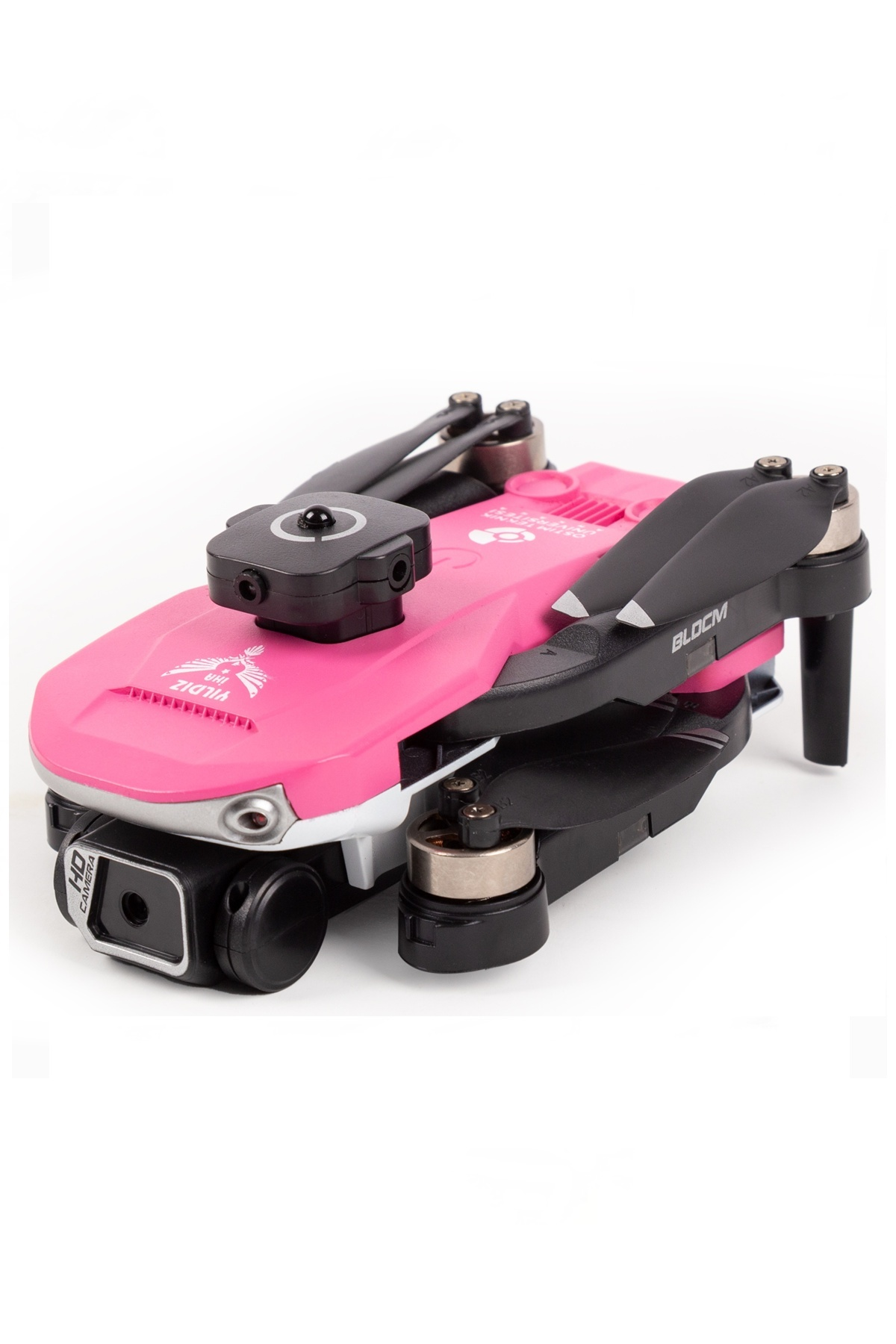 Kolları katlanmış ve ön kamerası olan pembe renkli kompakt drone beyaz zeminde.