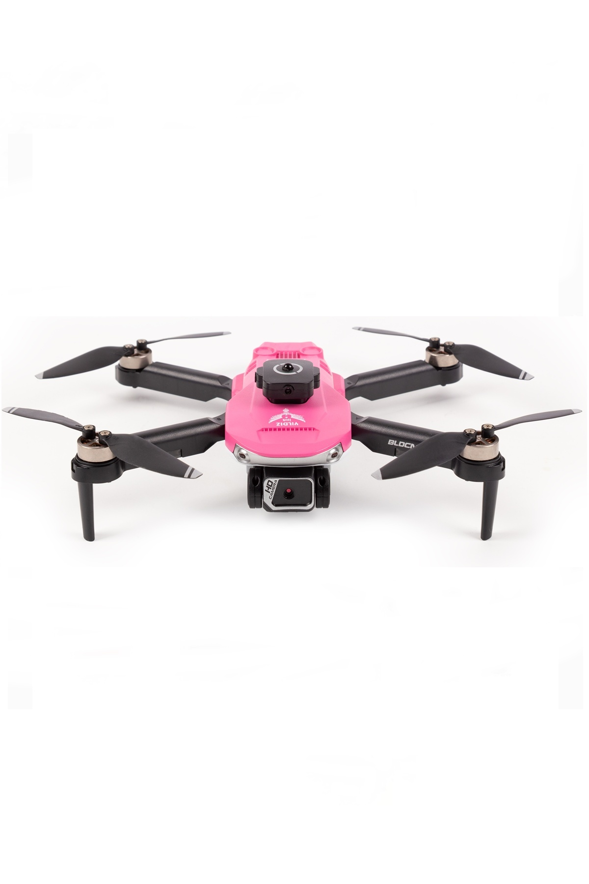 Beyaz arka planda dört pervaneli pembe ve siyah drone.