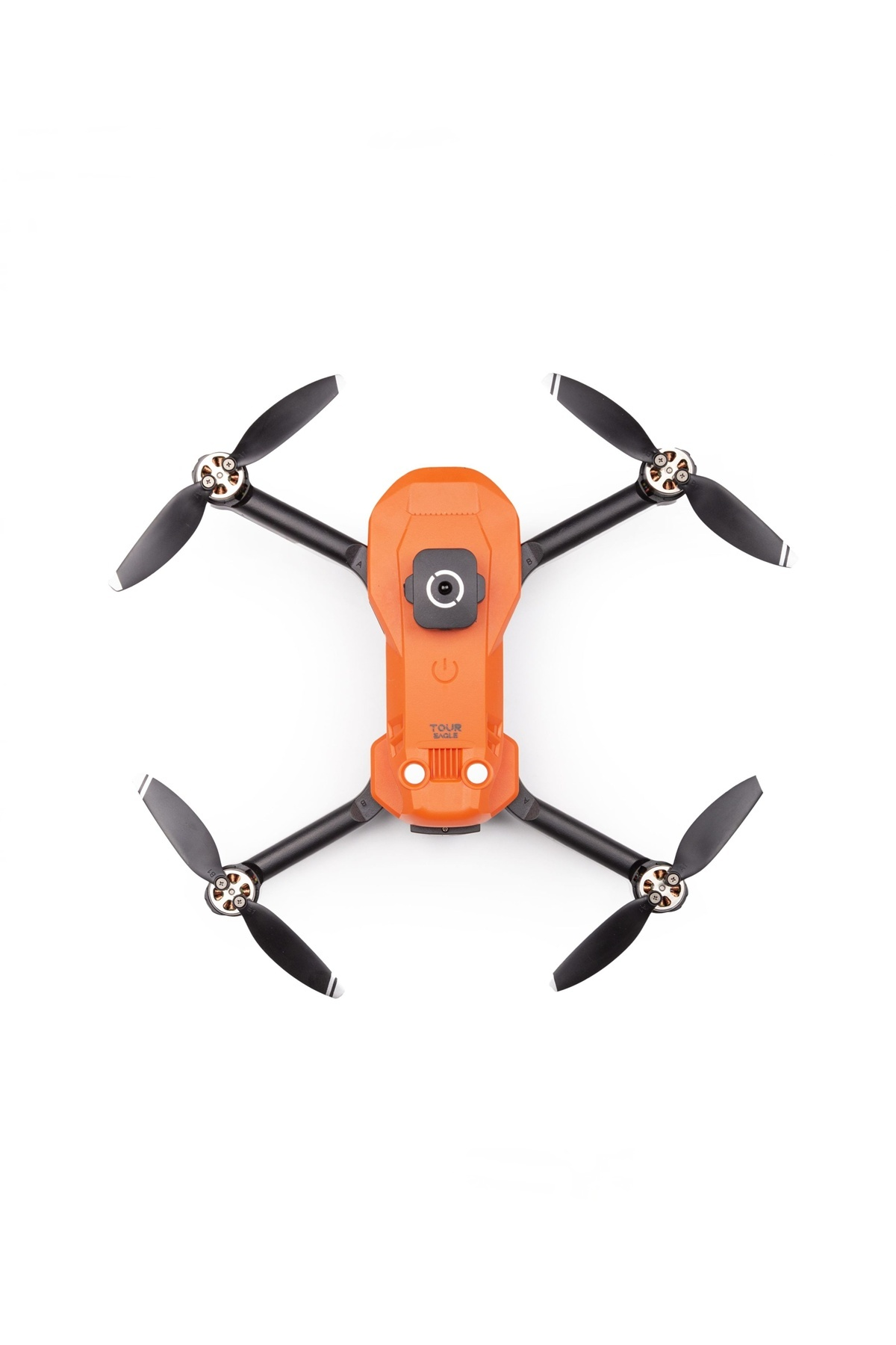 Beyaz arka planda dört siyah pervaneli turuncu bir drone.