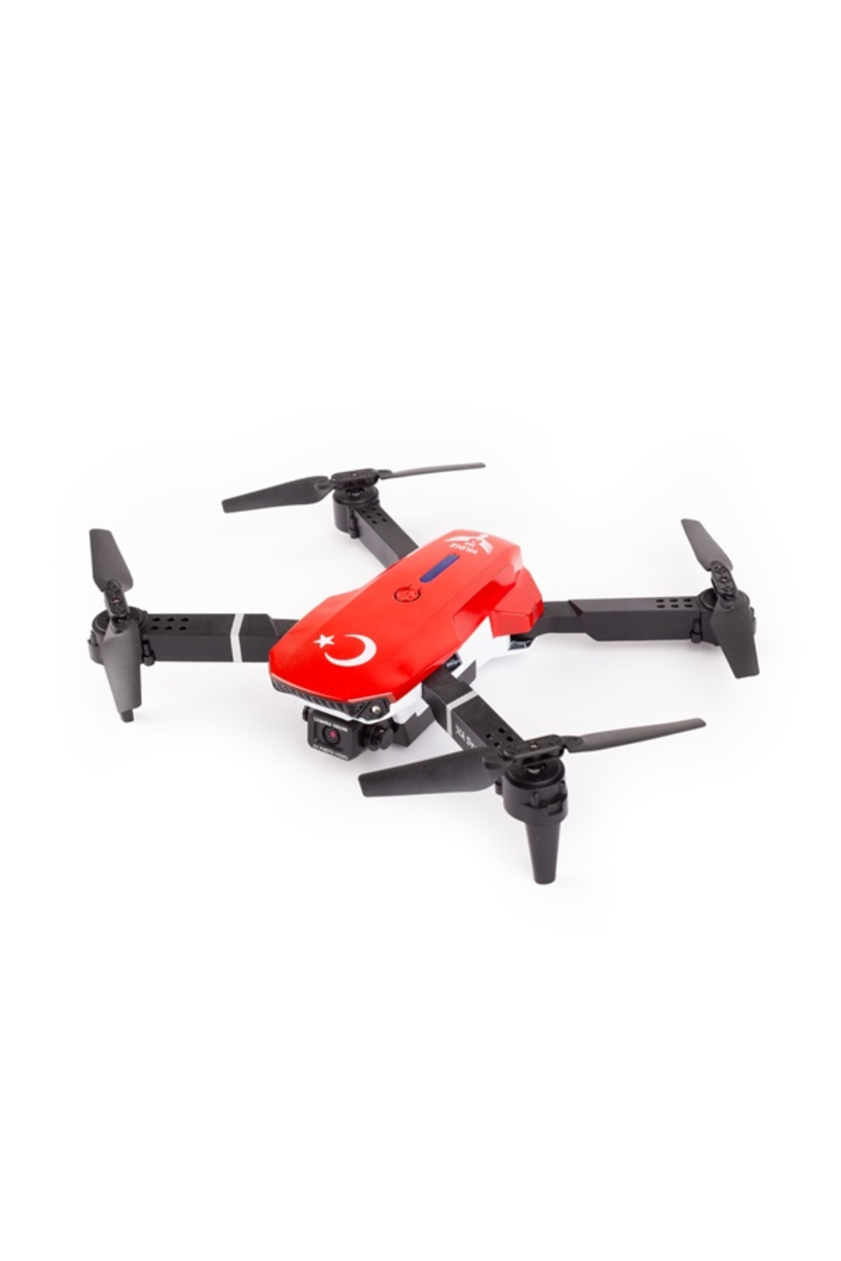 Beyaz arka planda Türk bayraklı kırmızı ve siyah bir drone.