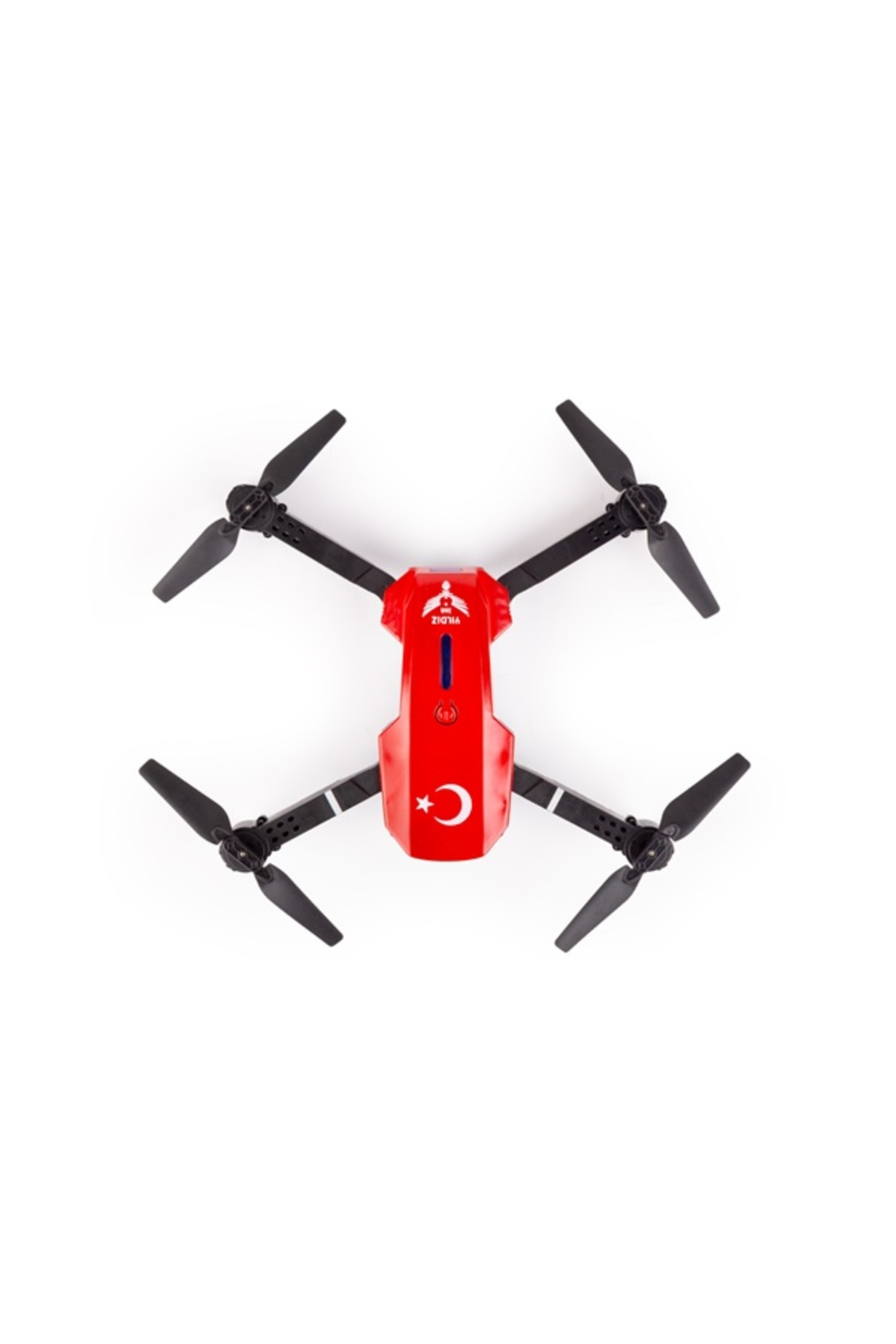Beyaz arka planda siyah pervaneli ve Türk bayraklı kırmızı bir drone.
