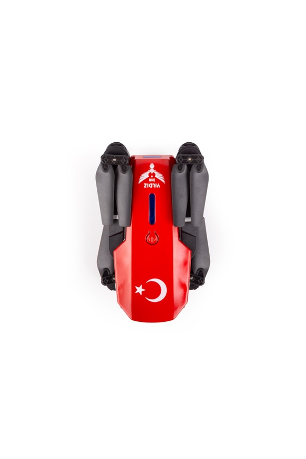 Beyaz arka planda Türk bayrağı amblemine sahip kırmızı katlanmış drone.