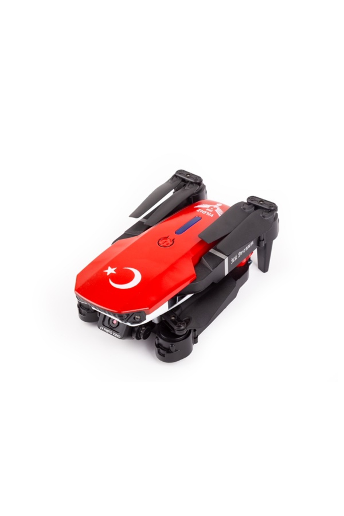 Türk bayrağı tasarımlı, beyaz arka planda duran kırmızı katlanabilir drone.