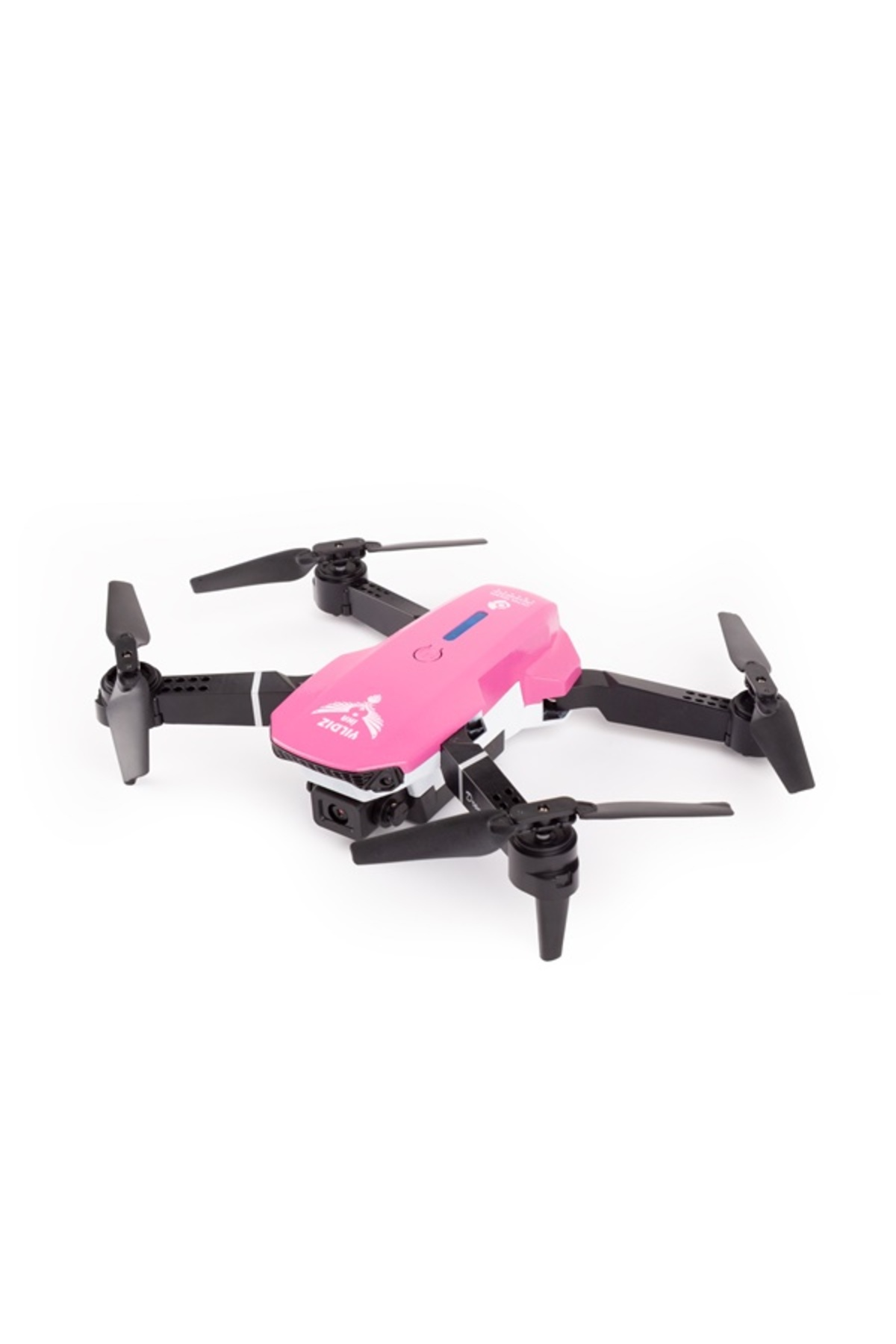 Beyaz arka planda dört pervaneli pembe ve siyah bir drone.