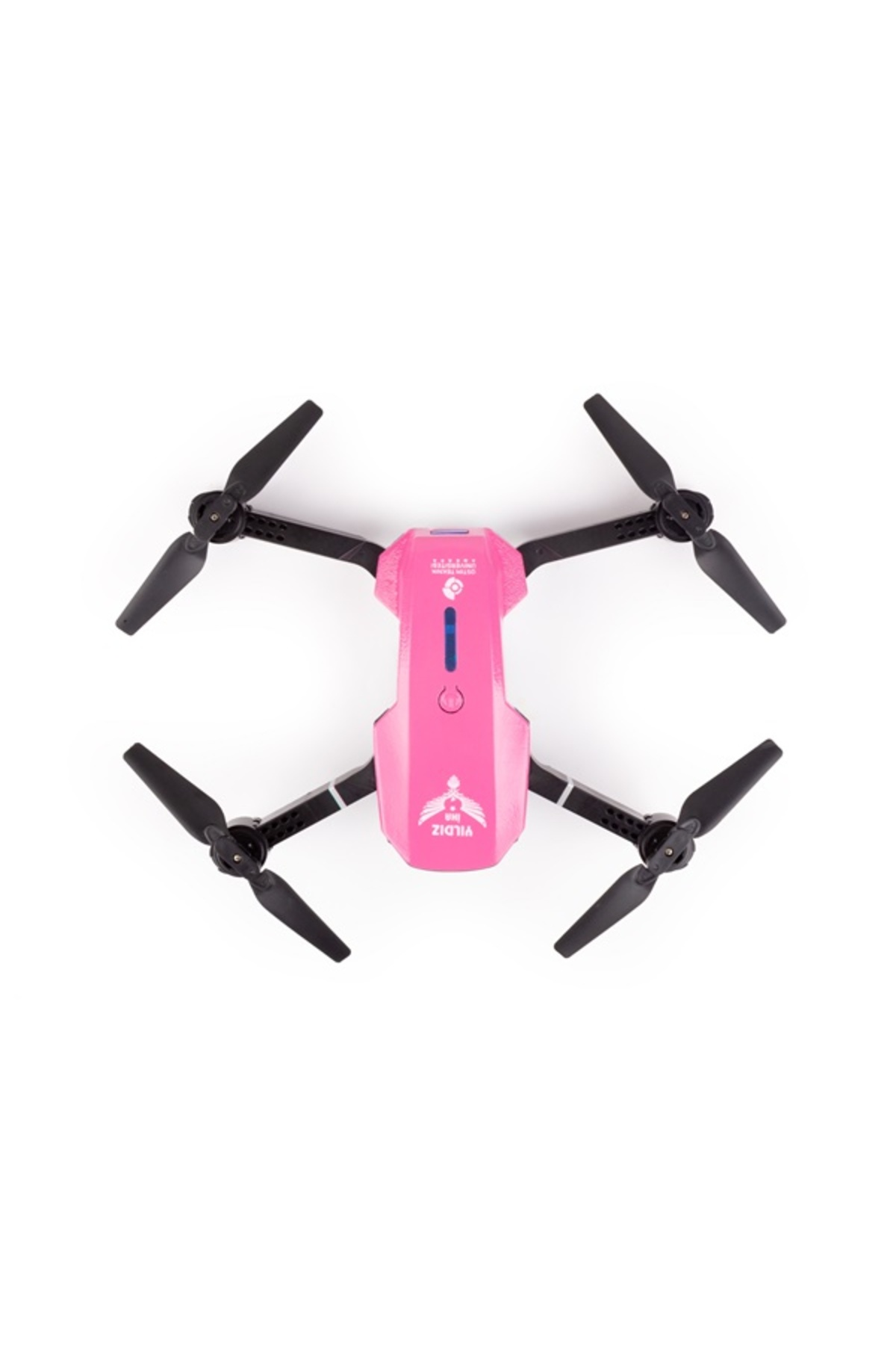 Dört siyah rotorlu ve kollu pembe bir drone, açık arka plan önünde.