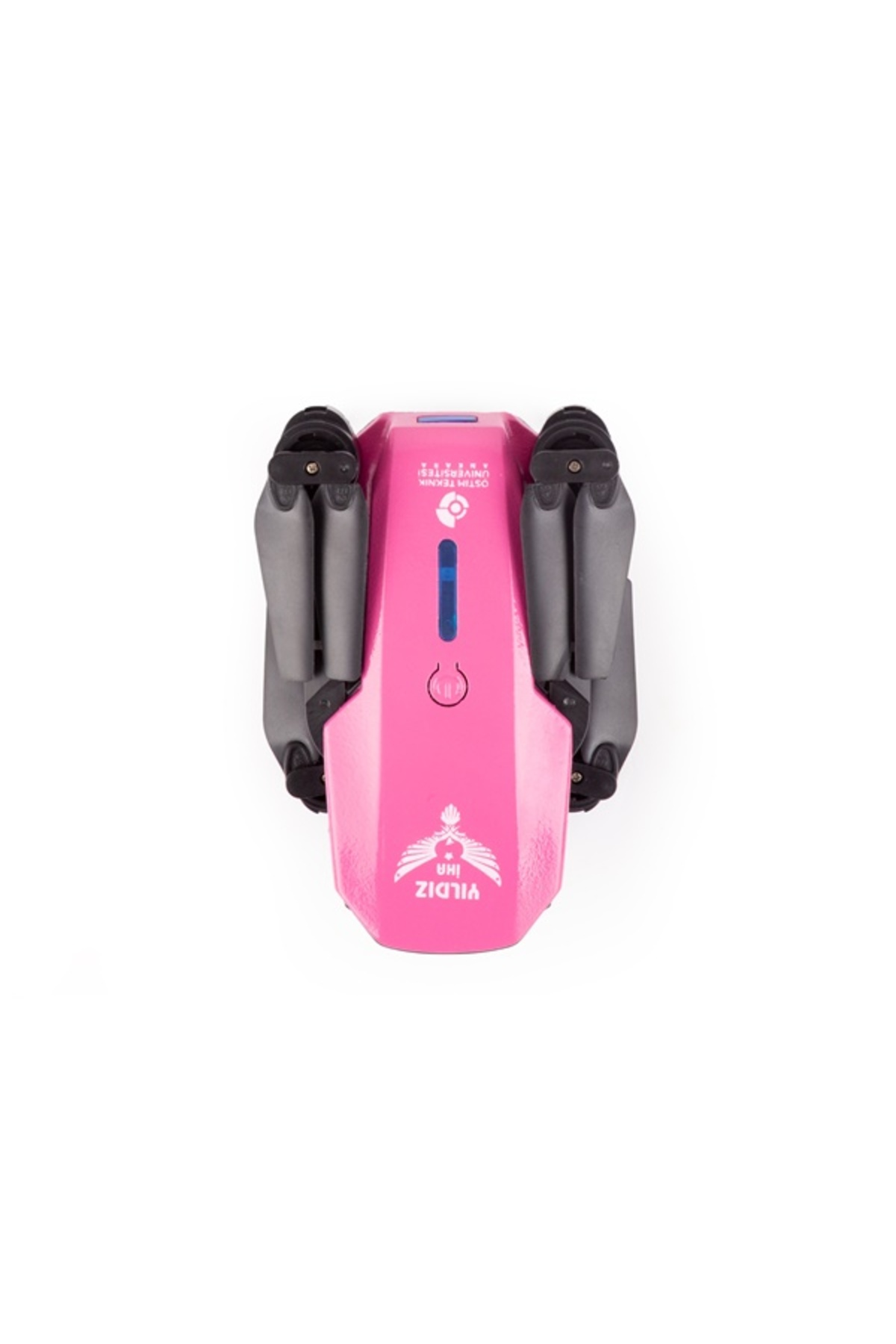 Beyaz arka planda koyu gri katlanmış pervanelere sahip pembe katlanmış drone, üstten görünüm.