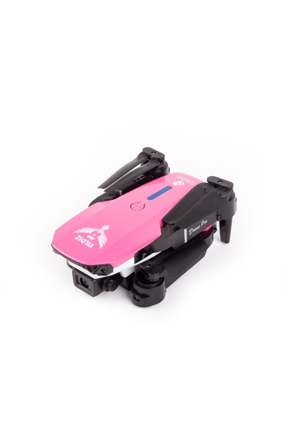 Beyaz arka planda katlanmış kolları ve ön kamerasıyla kompakt pembe ve siyah katlanabilir drone.