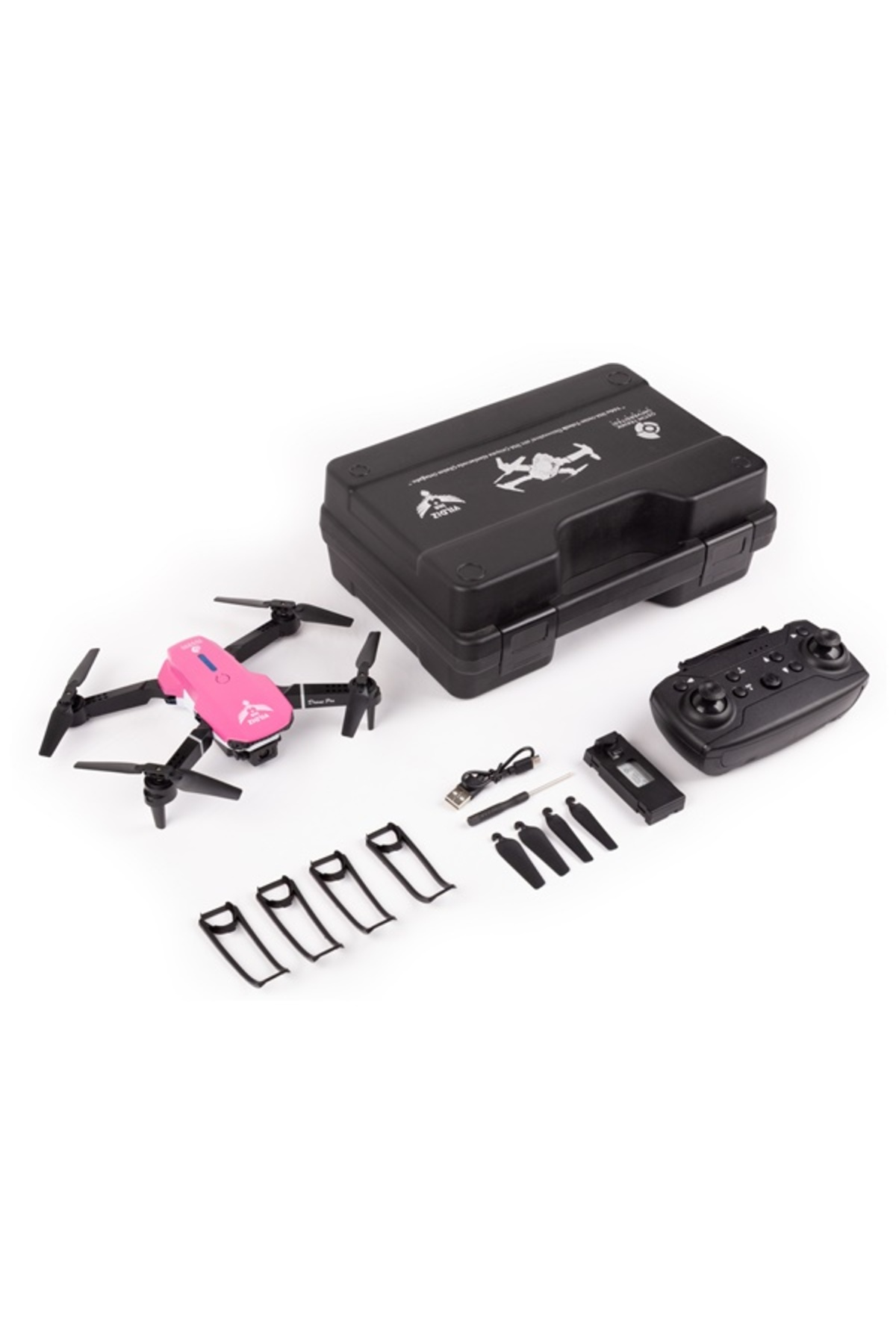 Pembe ve siyah renkli drone, taşıma çantası, kumanda, yedek pervane, koruma kalkanları, batarya ve şarj kablosu.