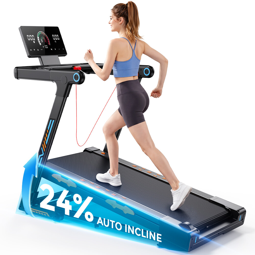 Una mujer con ropa deportiva corre en una cinta de correr moderna con 24% de inclinación.