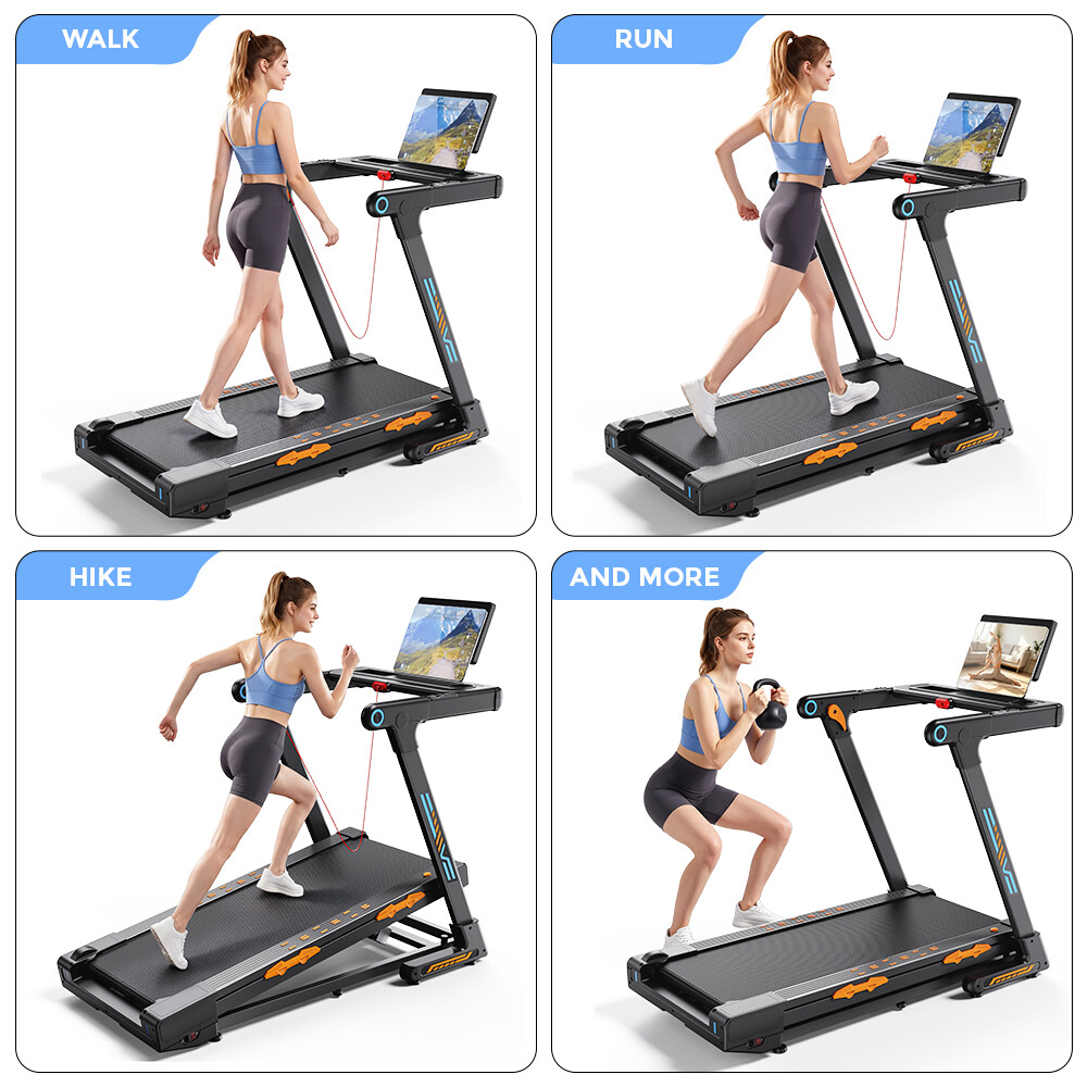 Una mujer usando una caminadora para caminar, correr, escalar y entrenar.