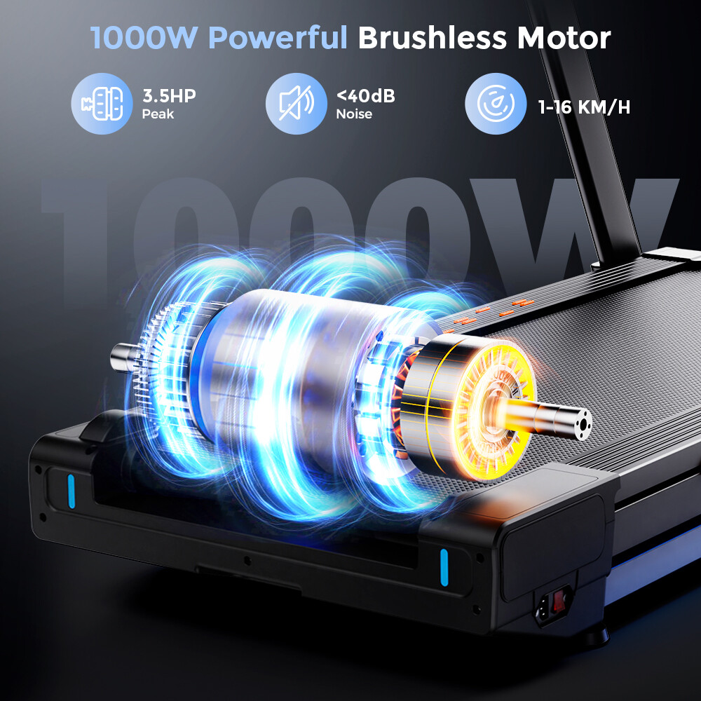 Un potente motor sin escobillas de 1000W en una caminadora negra, con iconos de potencia y velocidad de fondo.