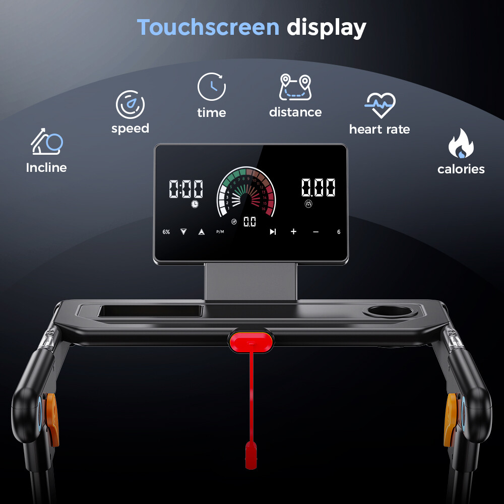 Pantalla táctil de cinta de correr con iconos de inclinación, velocidad, tiempo, distancia, pulso y calorías.