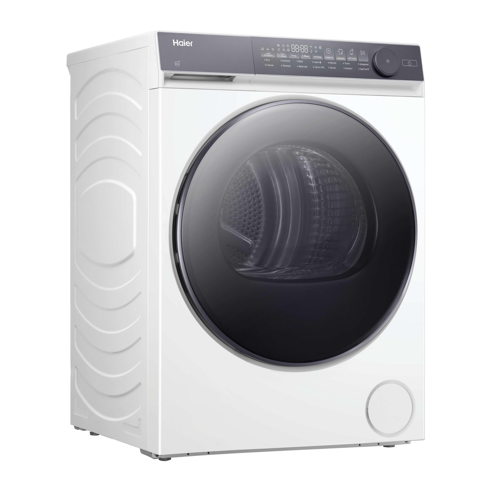 Asciugatrice Haier bianca con porta in vetro scuro e pannello di controllo su sfondo bianco.