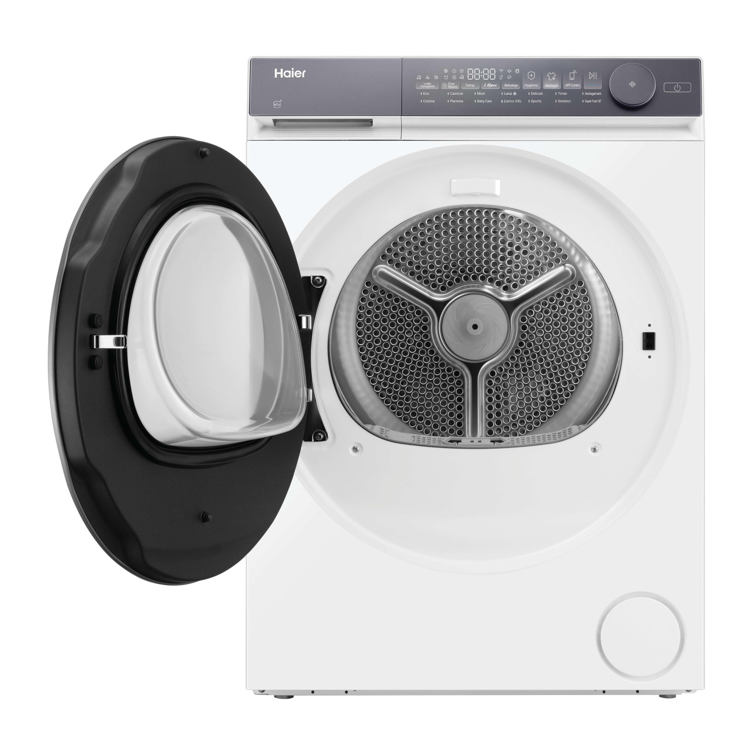 Asciugatrice Haier bianca con porta in vetro nero aperta, cestello in acciaio inox e pannello digitale.