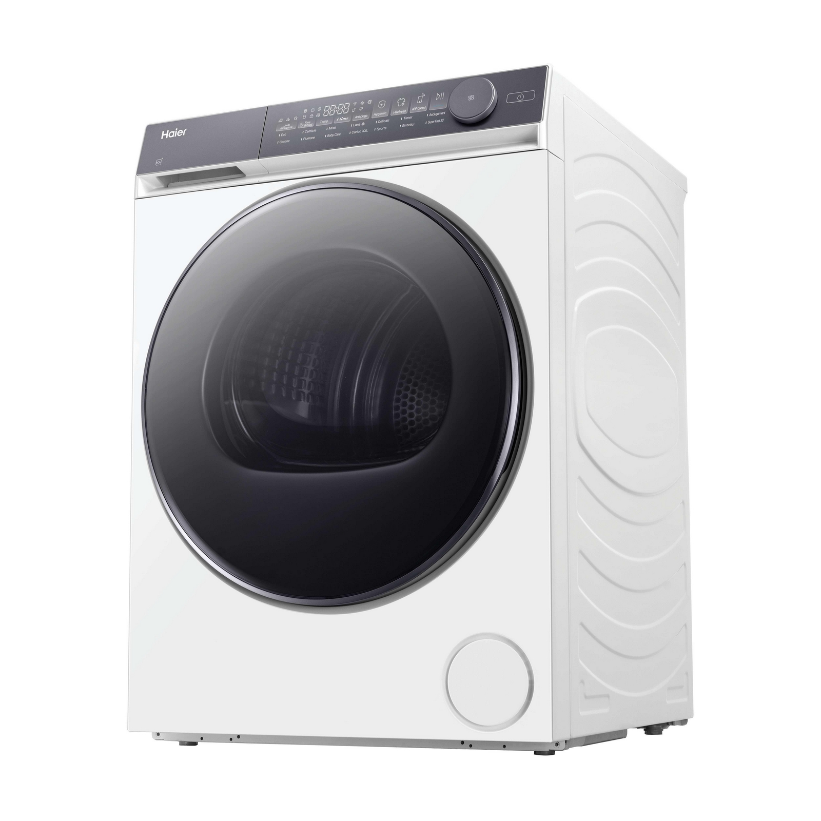 Un'asciugatrice Haier bianca con porta in vetro nero e display digitale.