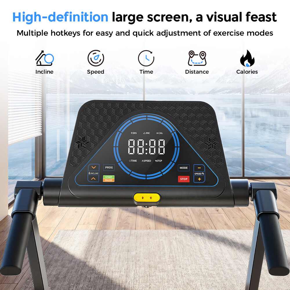 Consola de cinta de correr con pantalla digital grande y accesos directos.