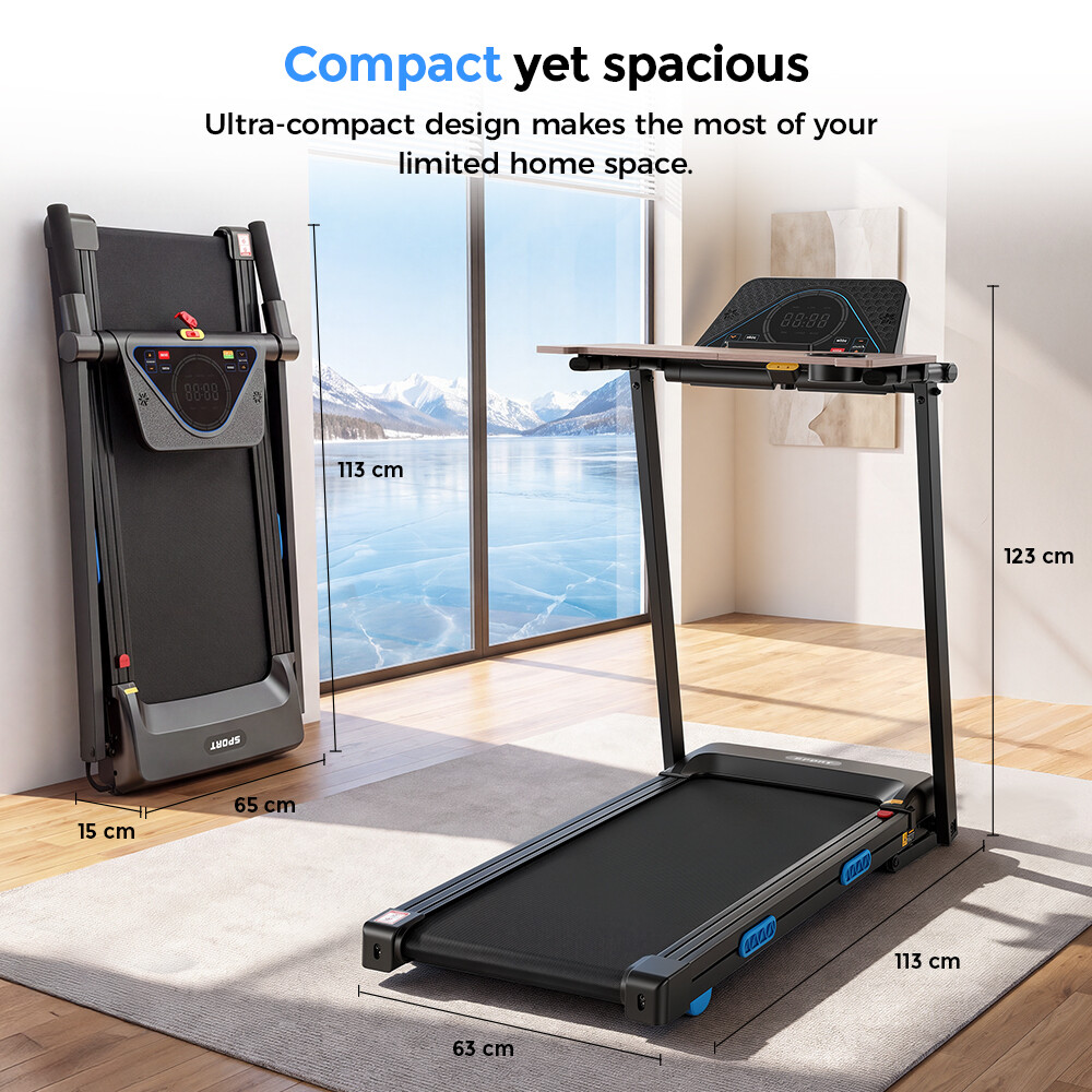 Cinta de correr plegable en una habitación con dimensiones y texto sobre diseño compacto.