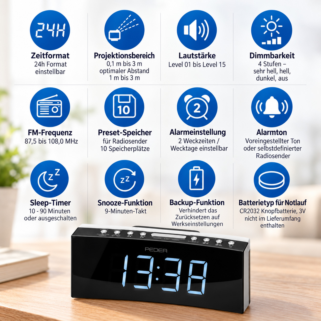 Digitale Weckuhr mit LED-Anzeige und zwölf blauen Funktionssymbolen darüber.
