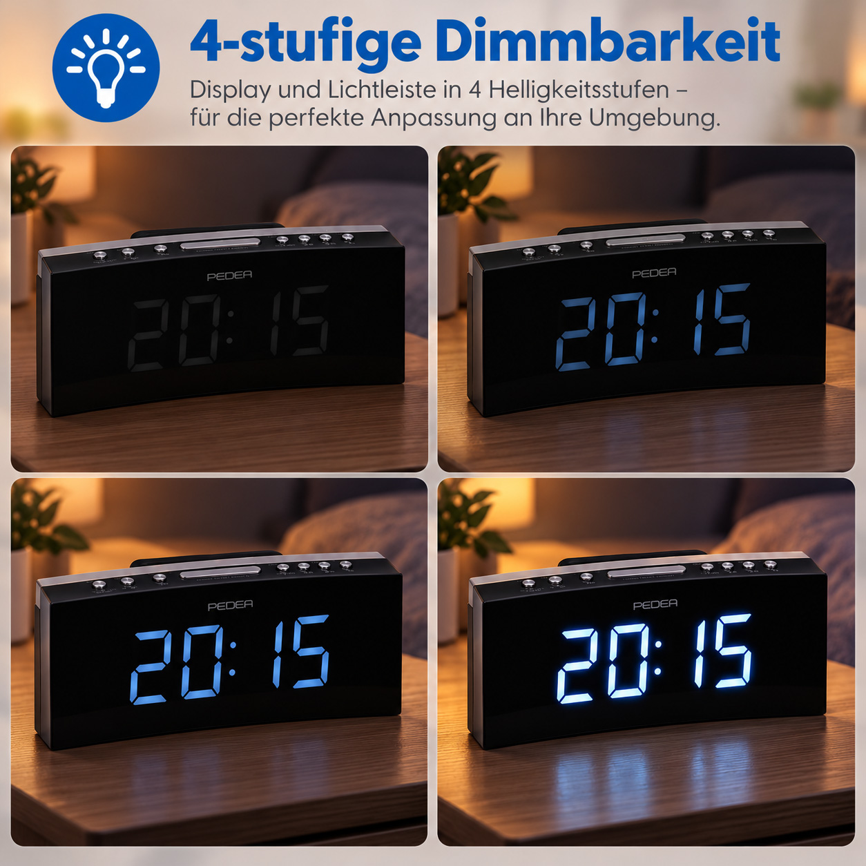 Vier Bilder zeigen eine schwarze LED-Digitaluhr auf Holz mit vier verschiedenen Helligkeitsstufen des Displays.