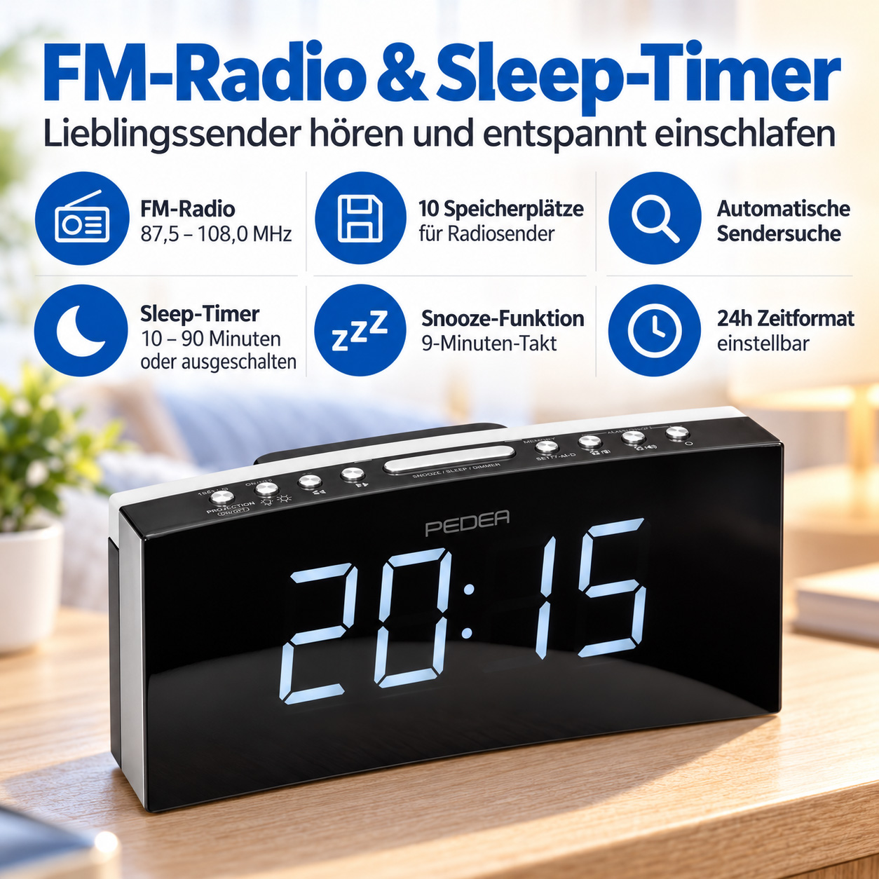 Ein digitaler Radiowecker mit großer LED-Anzeige zeigt 20:15 Uhr, umgeben von Werbetexten und Icons.