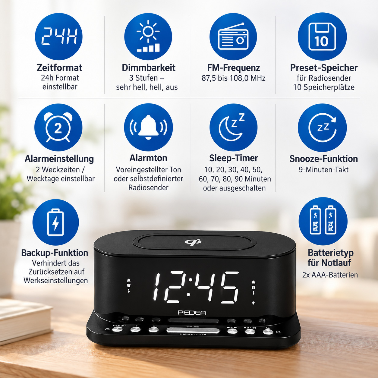 Schwarzer LED-Wecker auf Holztisch mit Funktionen wie 24h-Format, Dimmbarkeit, Alarmeinstellung und kabellosem Laden.