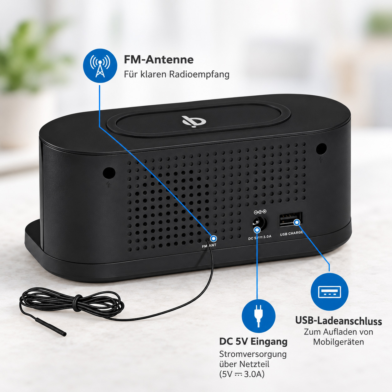 Rückseite eines schwarzen Audiogeräts mit FM-Antenne, DC-Eingang und USB-Ladeanschluss.