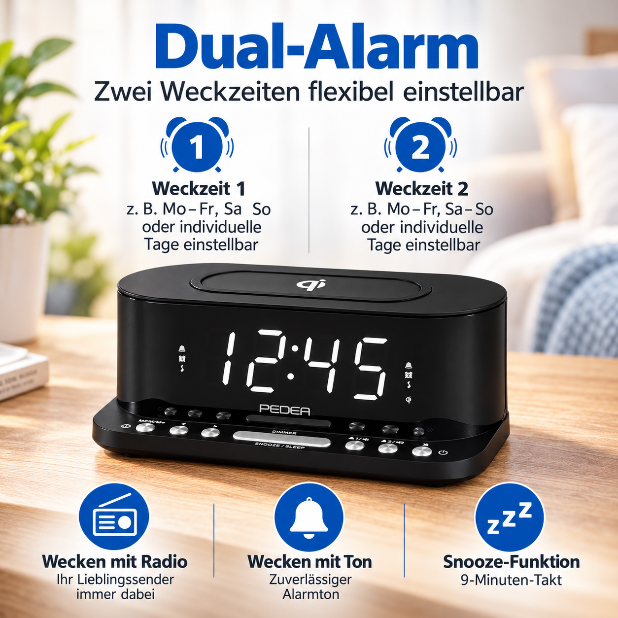 Schwarzer Digitaler Wecker auf Holztisch mit Dual-Alarm-Funktion.