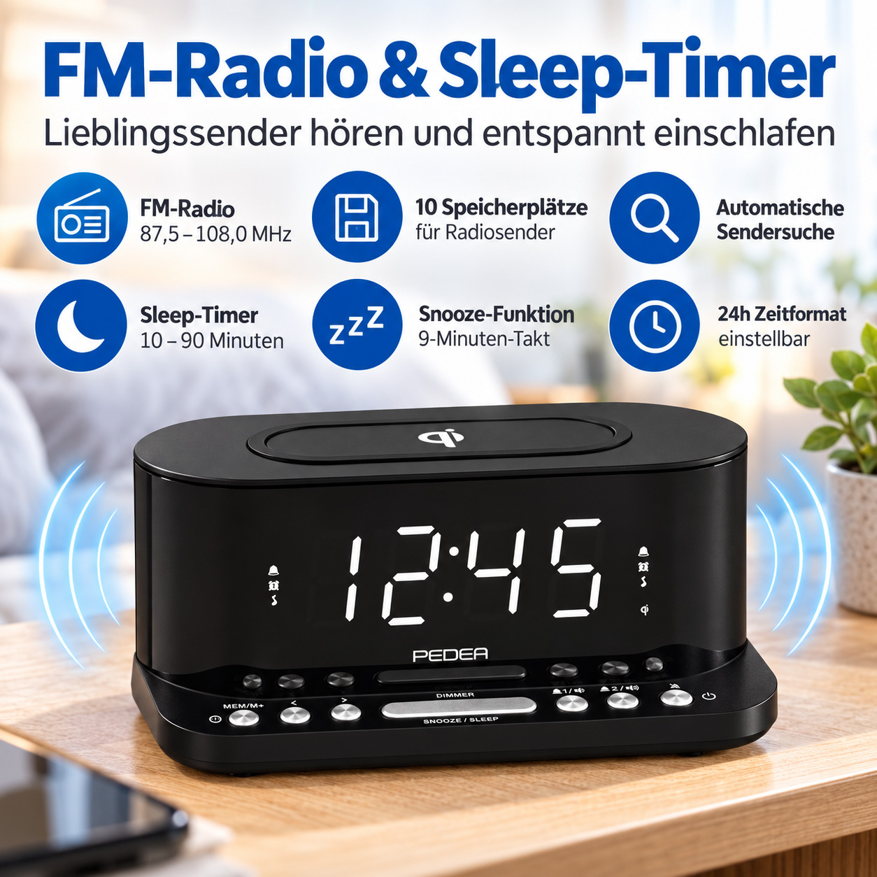 Schwarzer Pedea Radiowecker mit digitaler Zeitanzeige und Funktionen wie FM-Radio und Sleep-Timer.