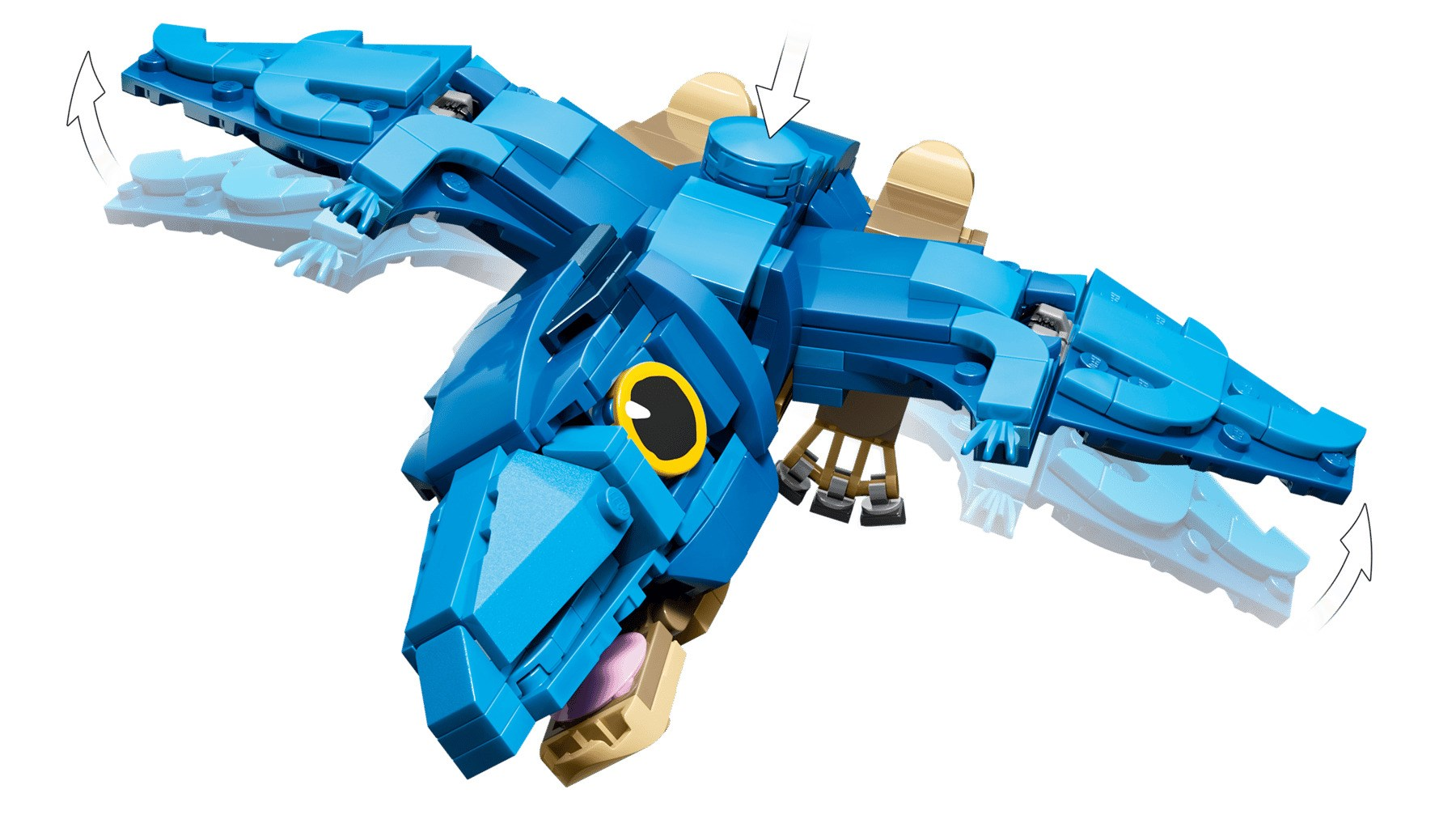 Niebieski pterodaktyl z klocków Lego z ruchomymi skrzydłami i otwartym dziobem na białym tle ze strzałkami ruchu.