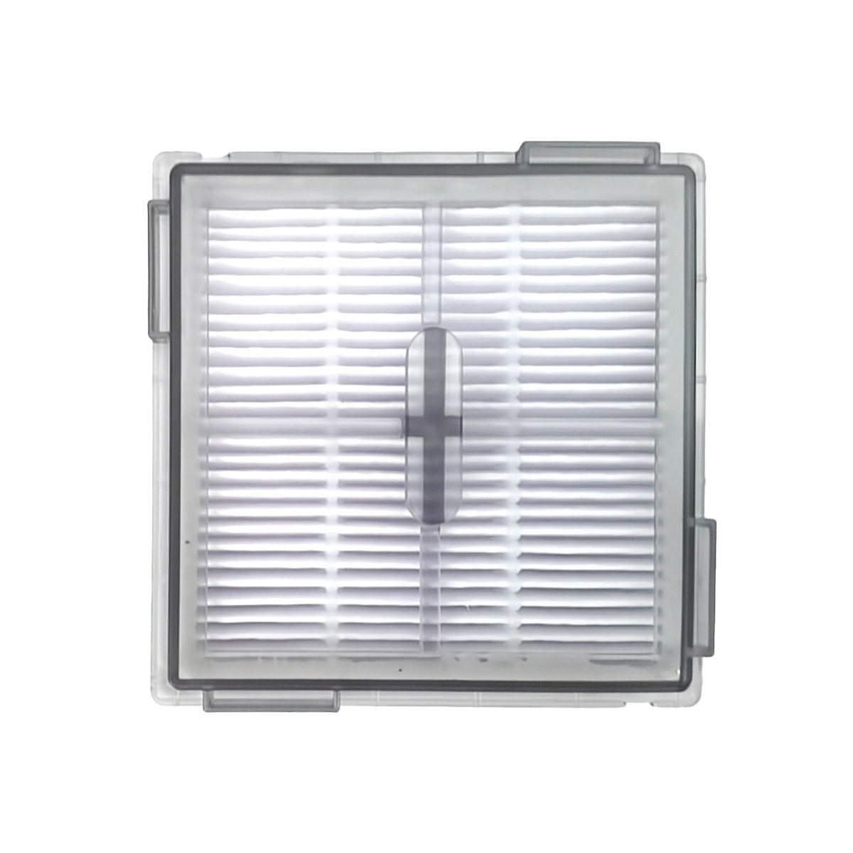 Rechteckiger weißer HEPA-Filter mit grauem Kunststoffrahmen und horizontalen Lamellen auf weißem Hintergrund.