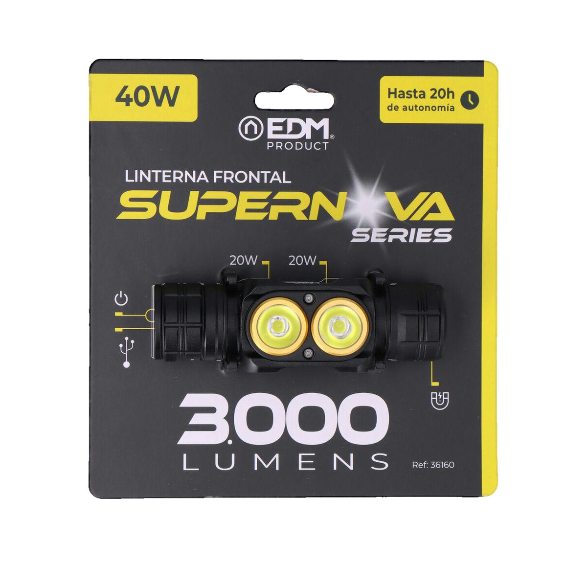 Verpackte schwarze LED-Stirnlampe mit Aufschrift 3000 LUMENS und gelben Akzenten.
