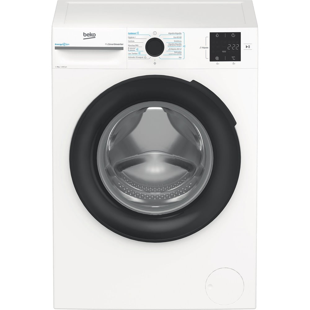 Una lavadora blanca Beko con puerta frontal y pantalla digital.