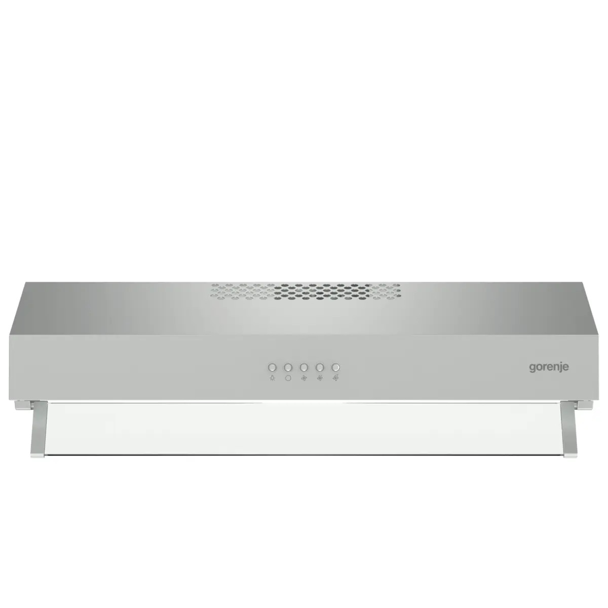 Una campana extractora Gorenje plateada con cinco botones y una visera de cristal sobre fondo blanco.