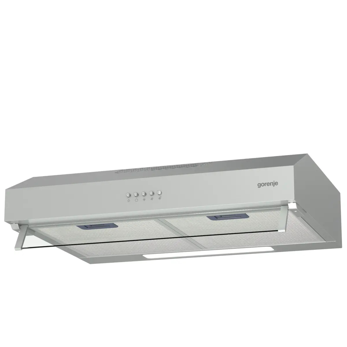 Campana extractora Gorenje de acero inoxidable con botones y visera de vidrio.