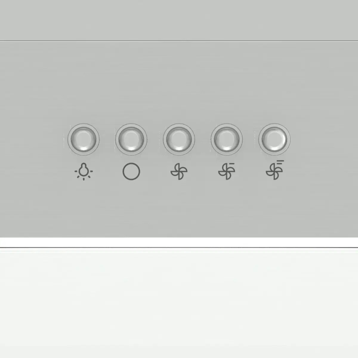 Panel de control de campana extractora con cinco botones redondos e iconos para luz y velocidad.
