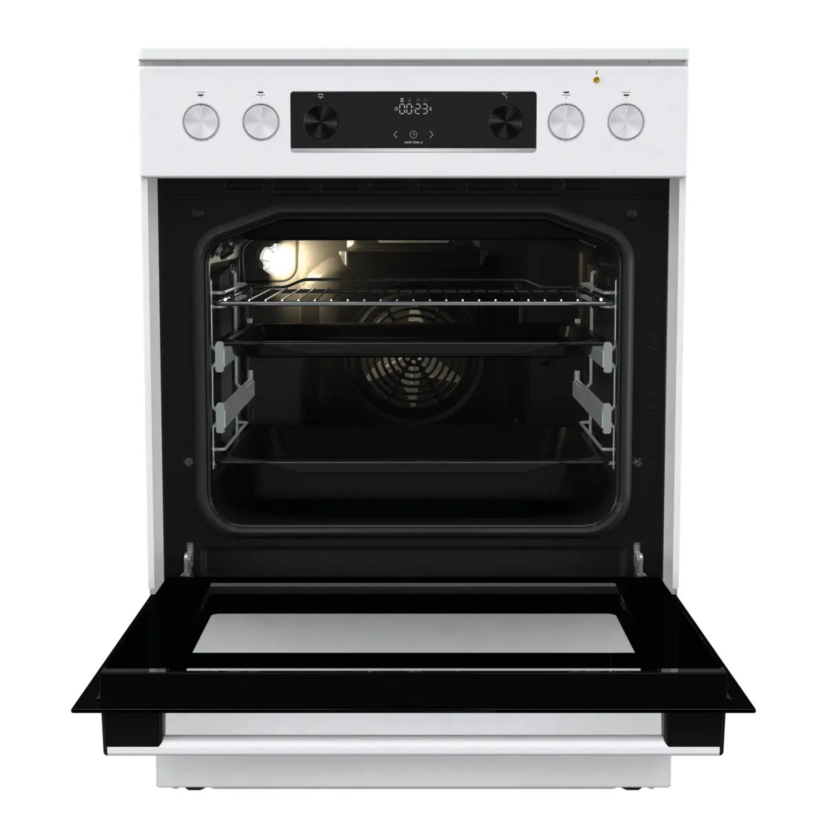 Un forno bianco con porta aperta, display digitale, manopole di controllo e griglie all'interno.