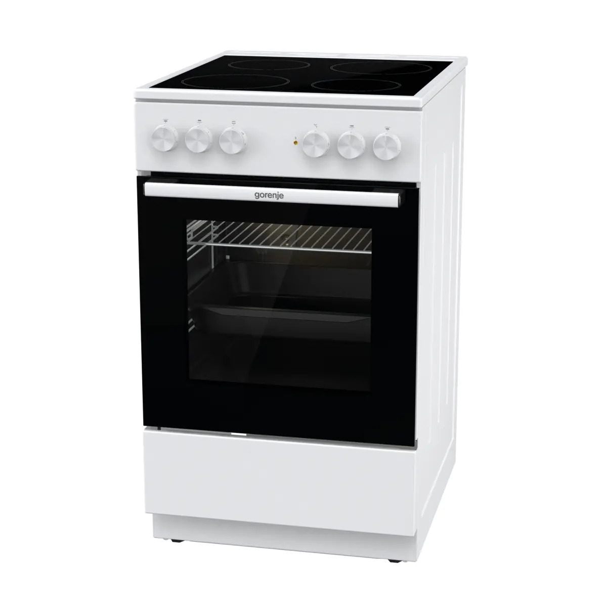 Ein weißer Gorenje-Standherd mit Glaskeramikkochfeld und schwarzem Ofenglas auf weißem Hintergrund.