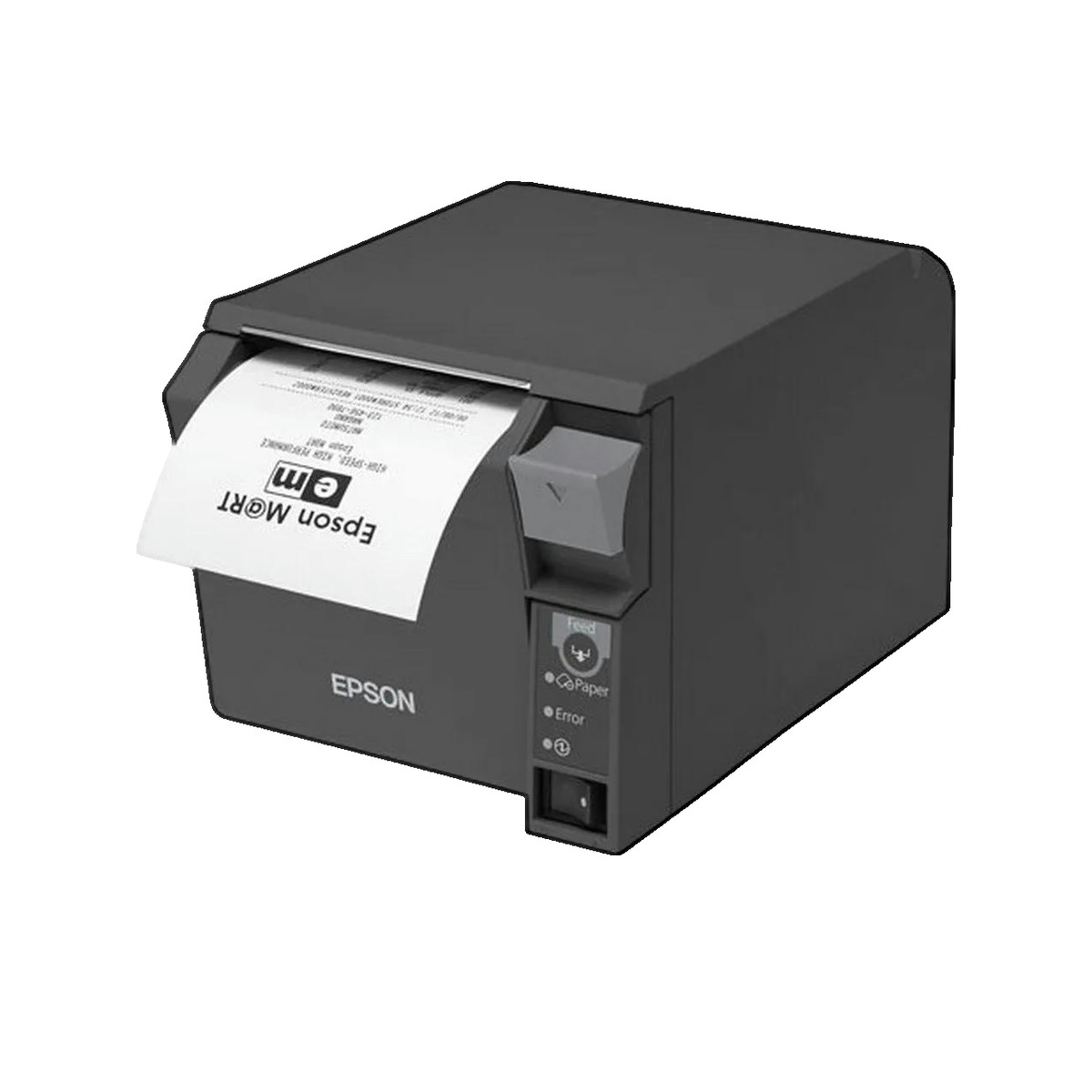 Dunkelgrauer Epson-Bonndrucker mit einer bedruckten Papierrolle auf weißem Hintergrund.
