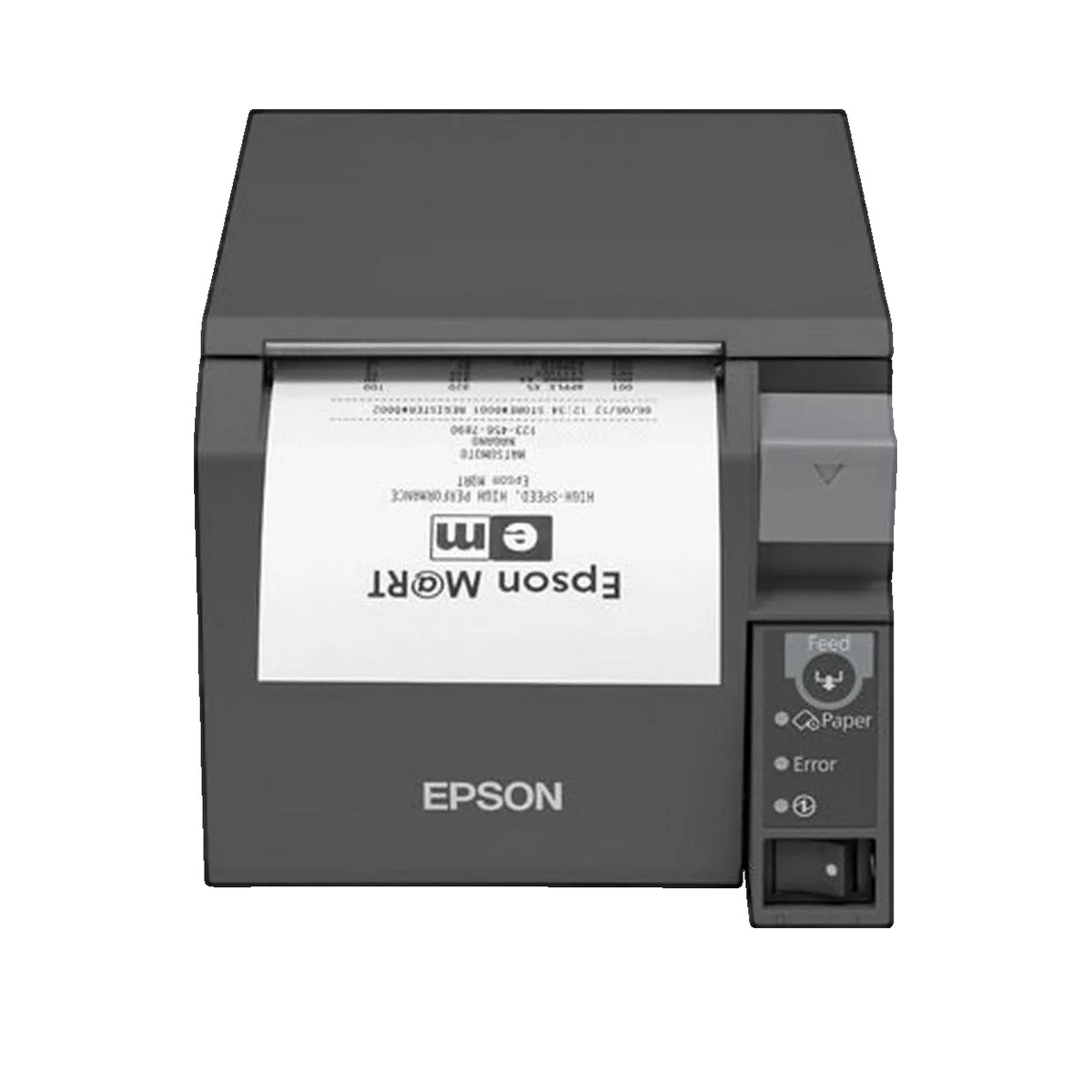 Grauer Epson Bond-Drucker mit gedrucktem Beleg, der aus dem Schlitz ragt und Kontrolltasten rechts aufweist.