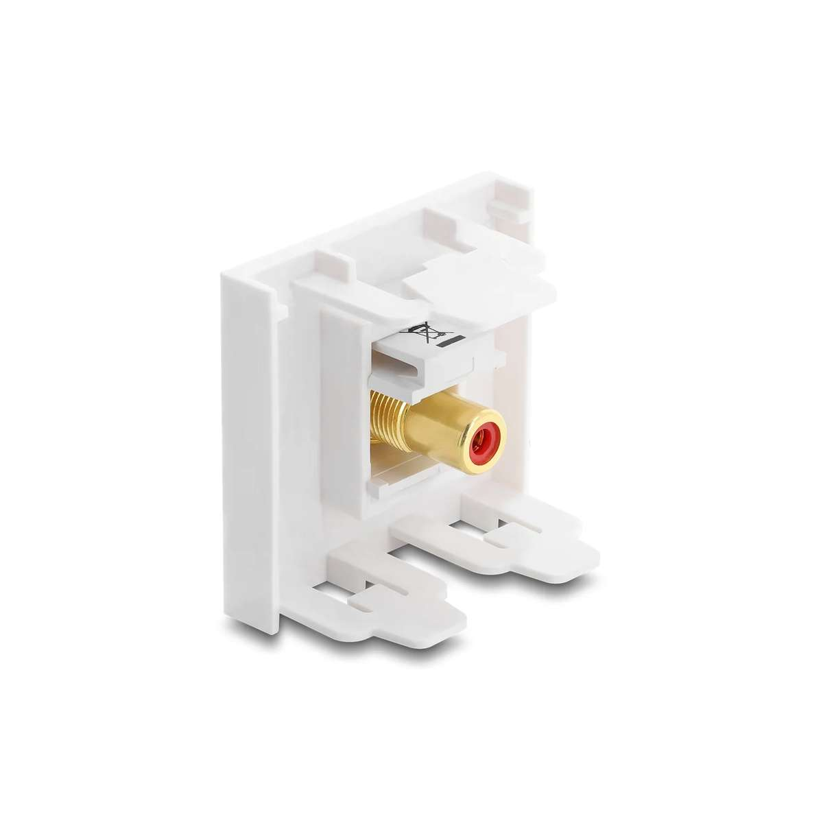 Eine weiße Wandmodul-Halterung mit einer goldenen RCA-Buchse mit rotem Einsatz auf weißem Hintergrund.