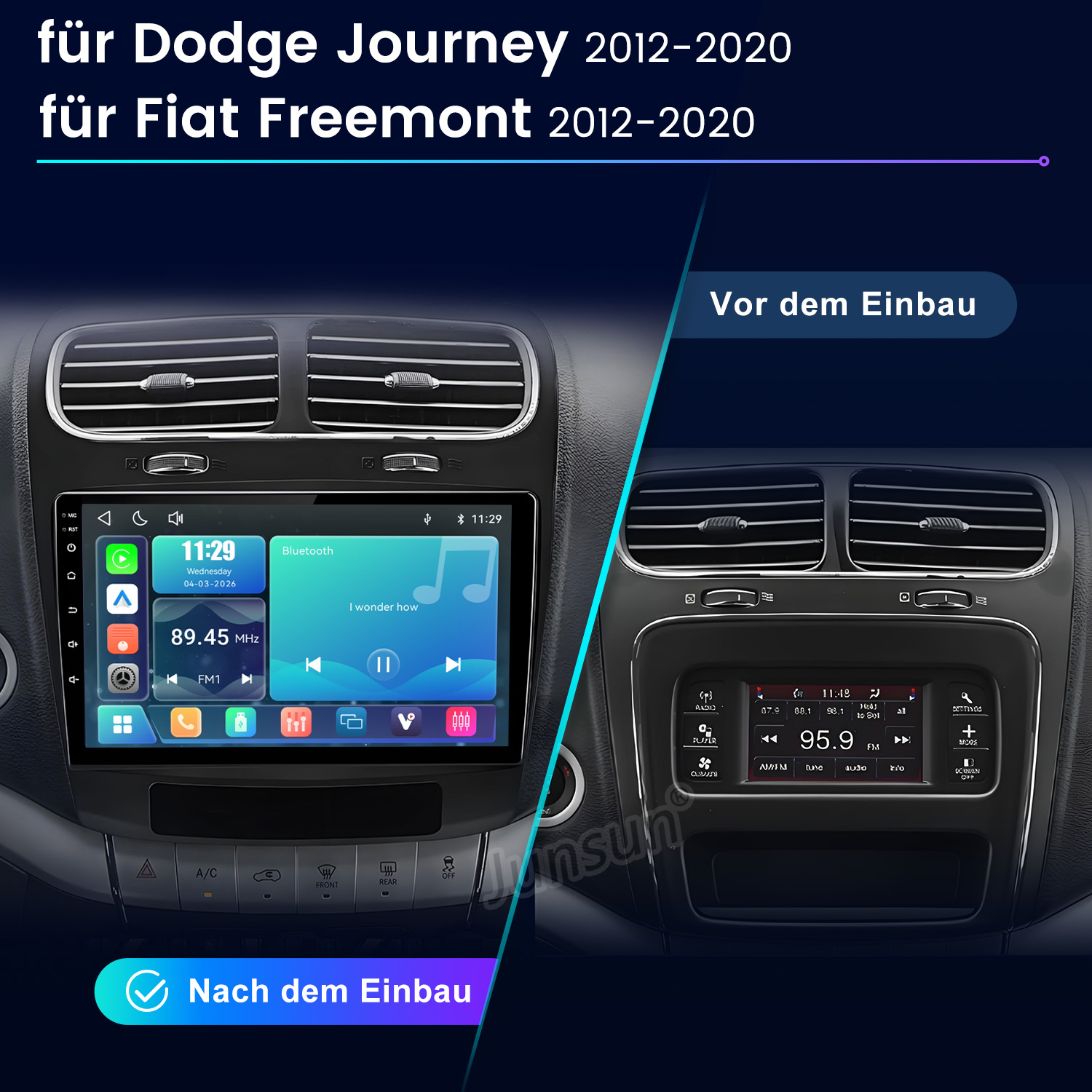 Vergleich Auto-Armaturenbrett vor und nach dem Einbau eines neuen Infotainmentsystems.